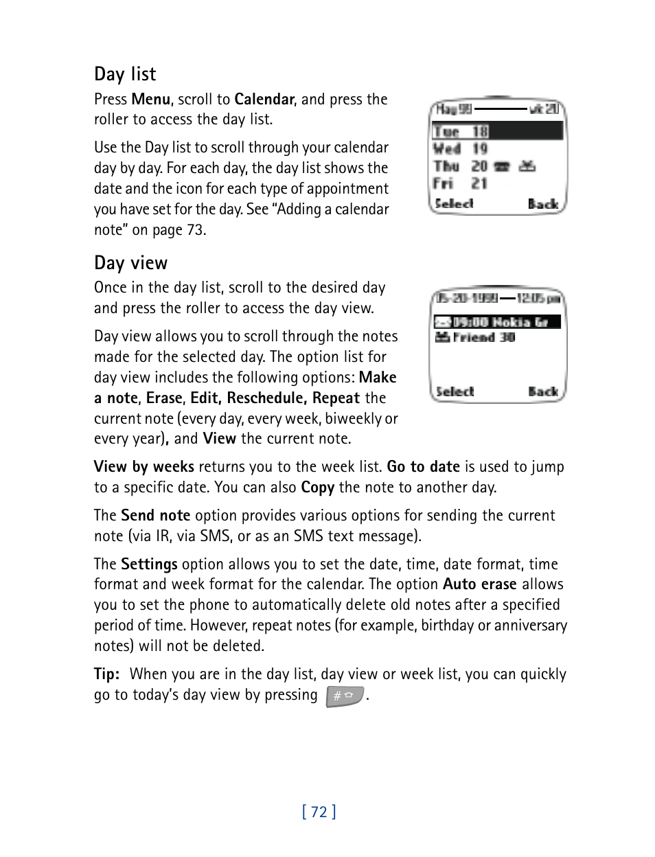 Day list, Day view | Nokia 7160 User Manual | Page 83 / 141