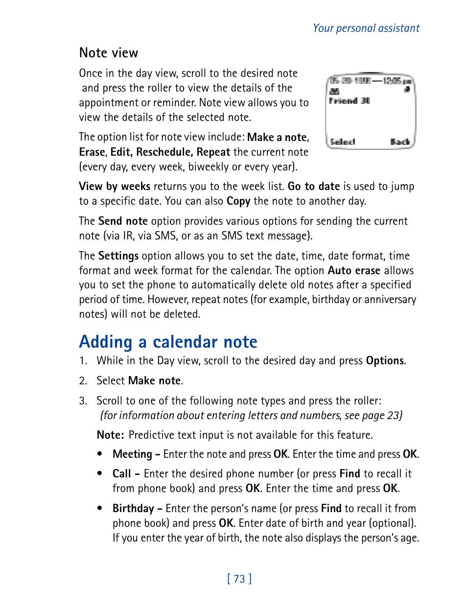 Adding a calendar note | Nokia 7160 User Manual | Page 84 / 141
