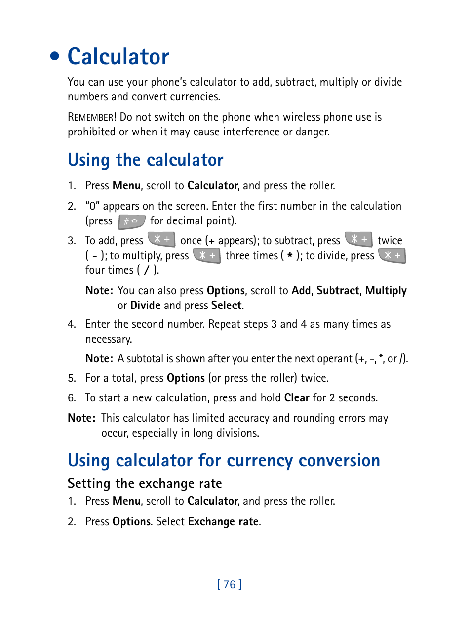 Calculator, Using the calculator, Using calculator for currency conversion | Nokia 7160 User Manual | Page 87 / 141