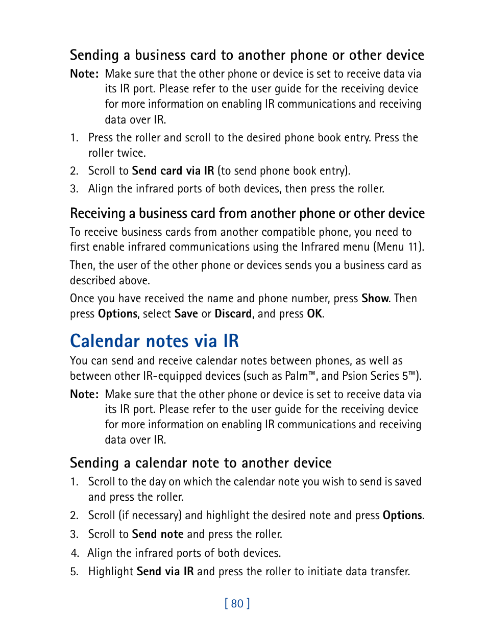 Calendar notes via ir | Nokia 7160 User Manual | Page 91 / 141