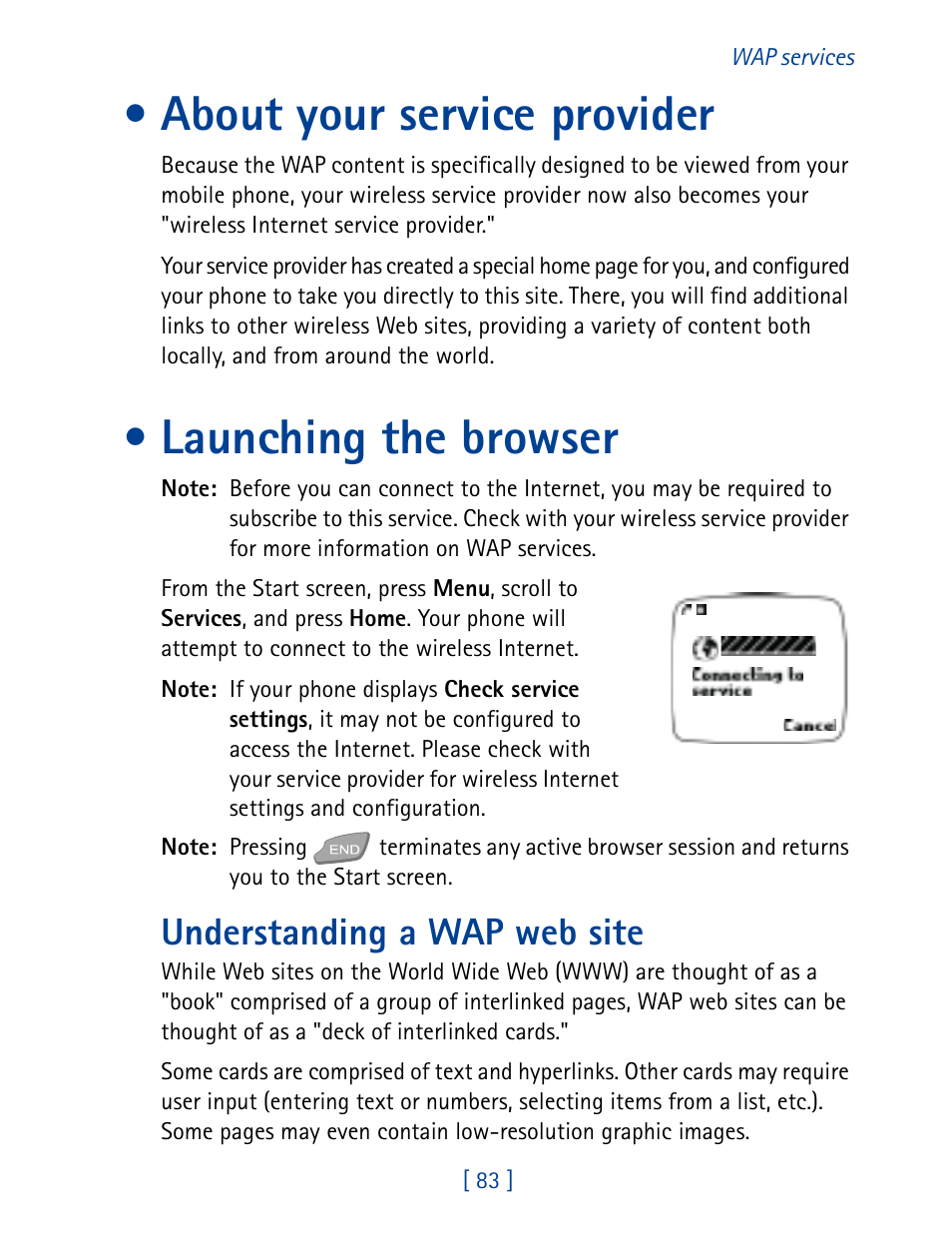 About your service provider, Launching the browser, Understanding a wap web site | Nokia 7160 User Manual | Page 94 / 141
