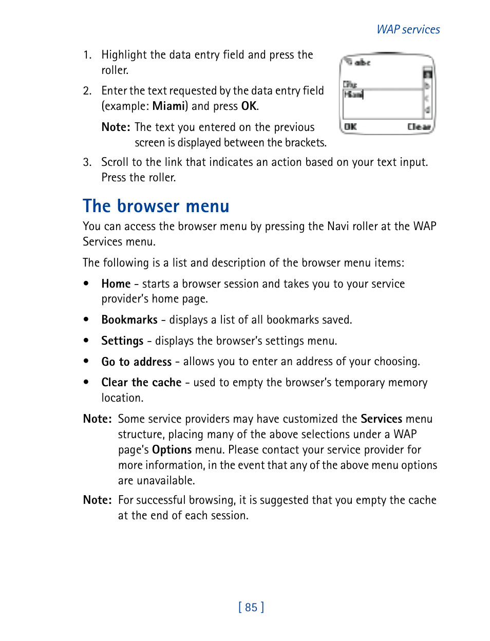 The browser menu | Nokia 7160 User Manual | Page 96 / 141