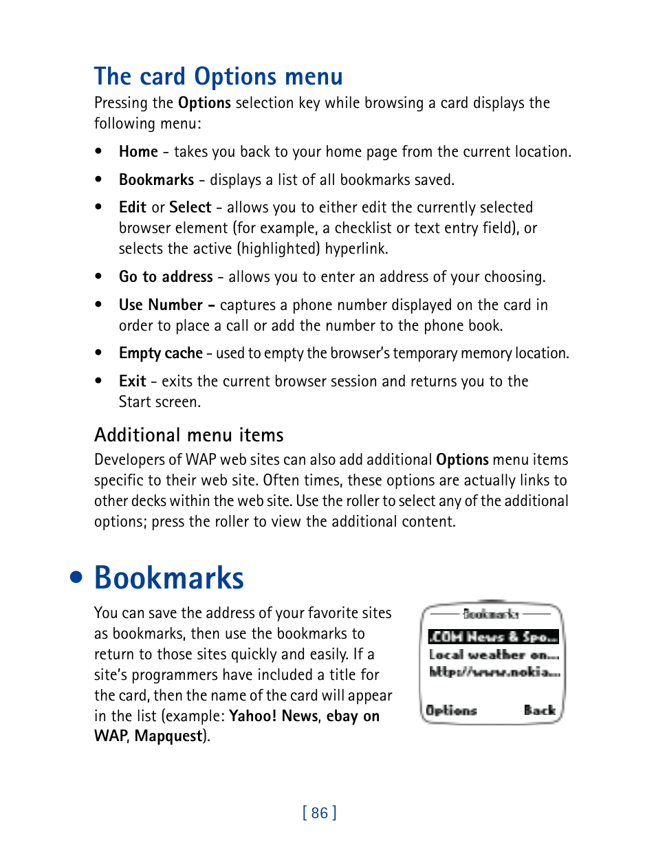 The card options menu, Bookmarks | Nokia 7160 User Manual | Page 97 / 141