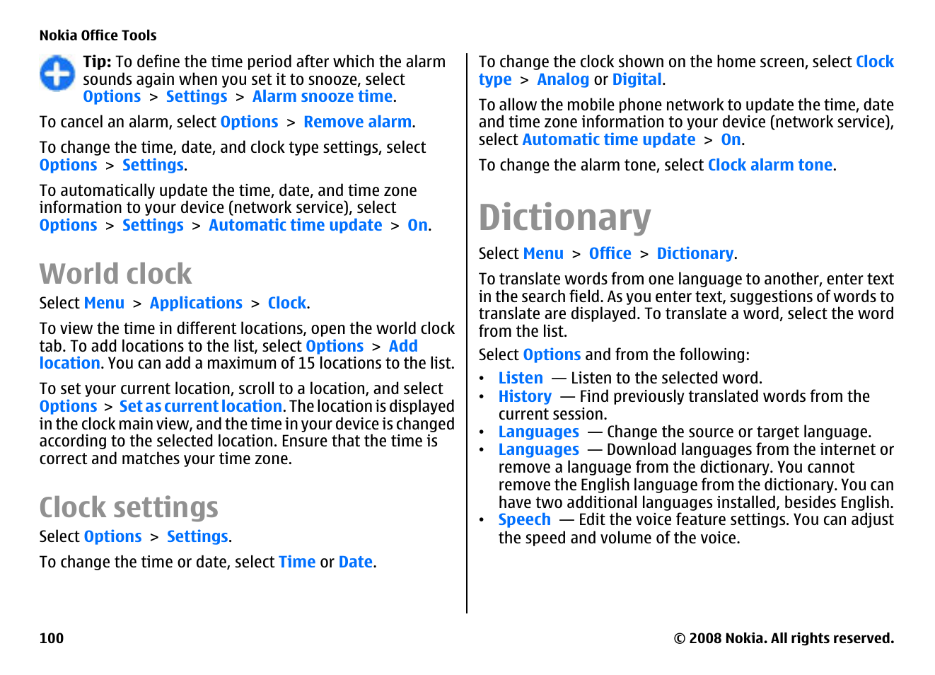 World clock, Clock settings, Dictionary | Nokia E75 User Manual | Page 100 / 397