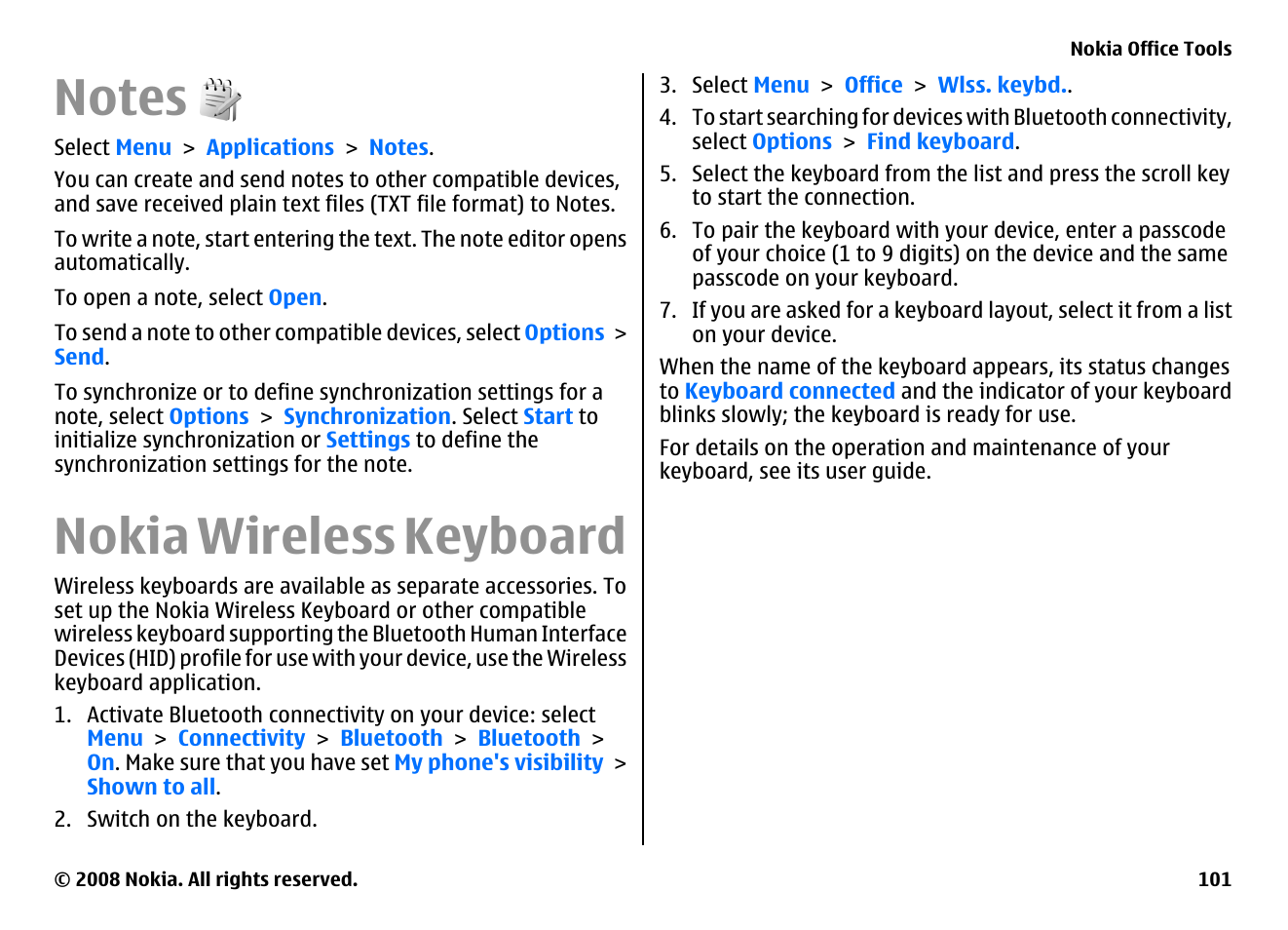 Notes, Nokia wireless keyboard | Nokia E75 User Manual | Page 101 / 397