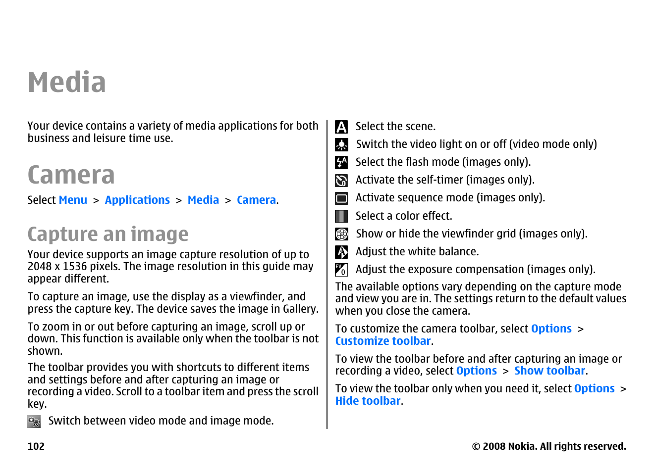 Media, Camera, Capture an image | Nokia E75 User Manual | Page 102 / 397