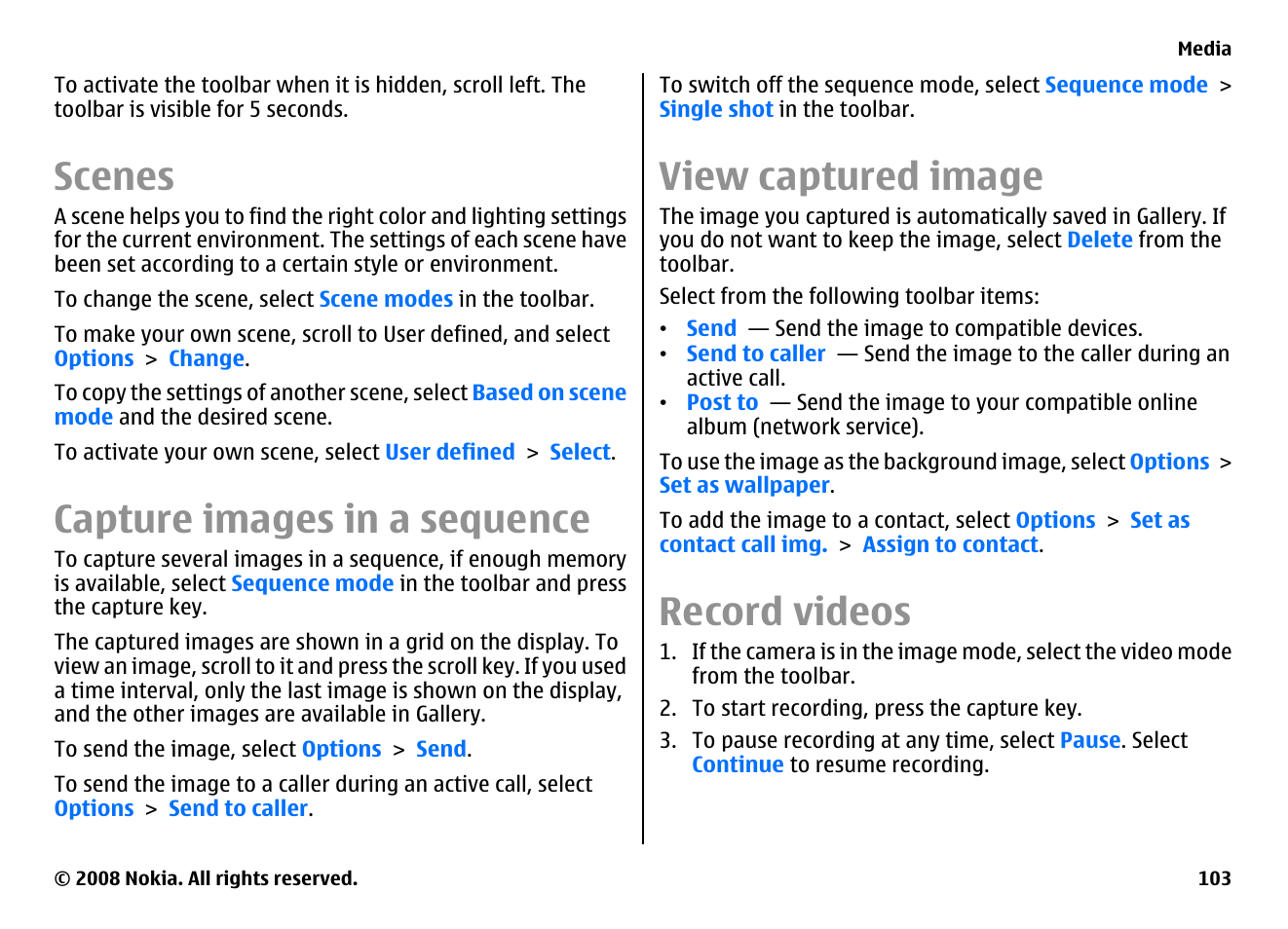 Scenes, Capture images in a sequence, View captured image | Record videos | Nokia E75 User Manual | Page 103 / 397