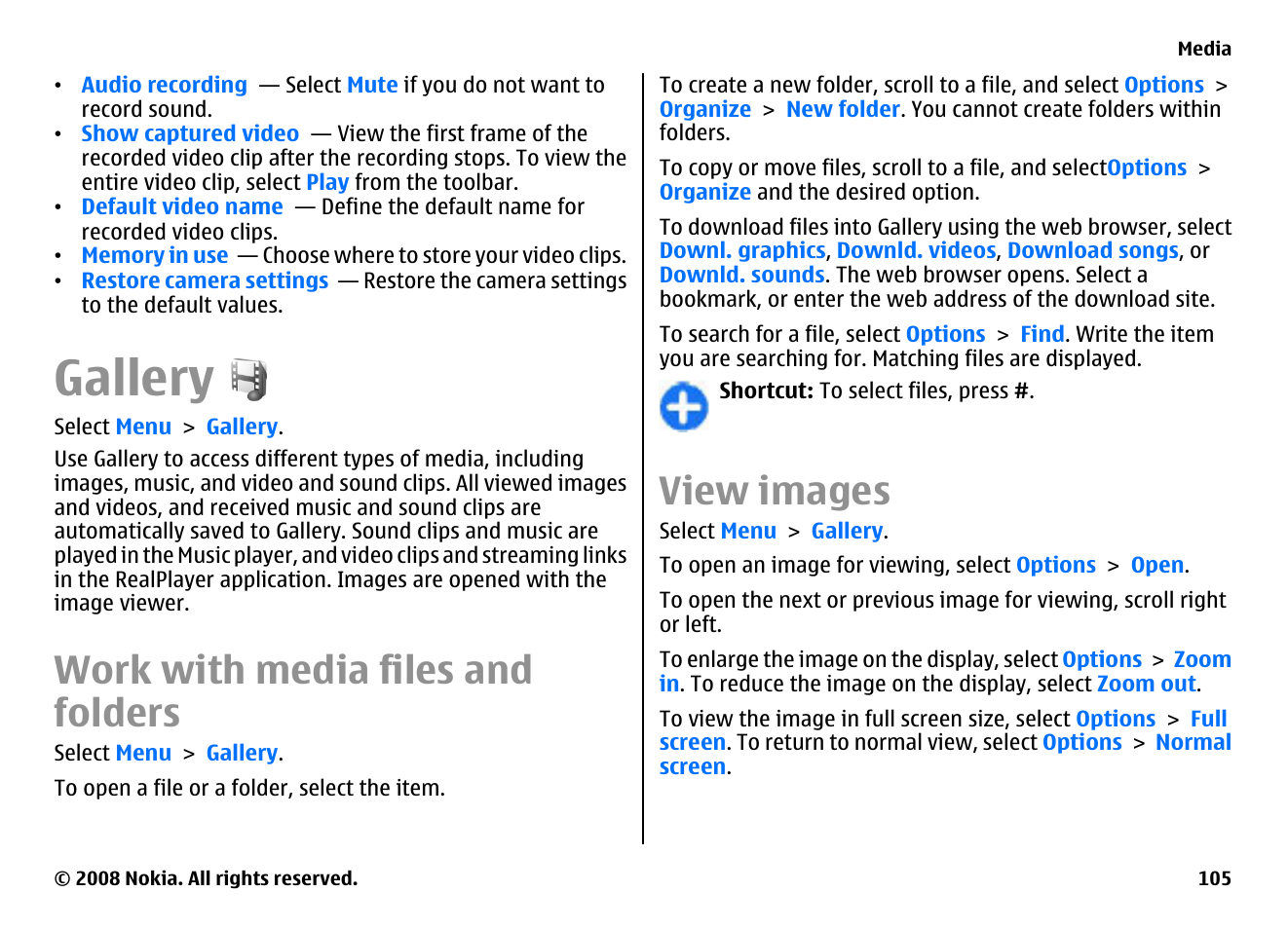 Gallery, Work with media files and folders, View images | Nokia E75 User Manual | Page 105 / 397