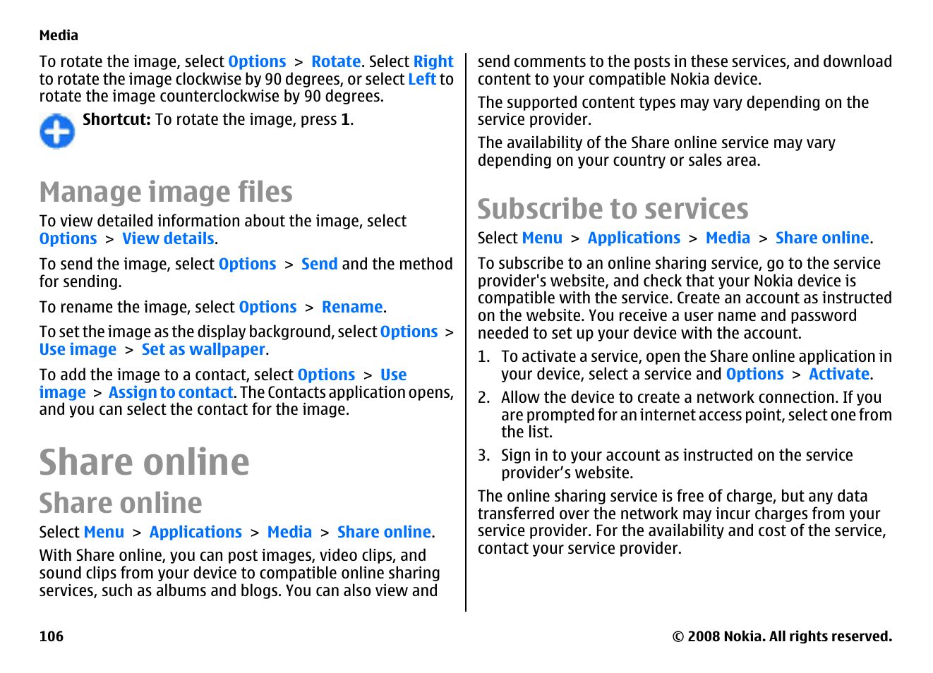 Manage image files, Share online, Subscribe to services | Nokia E75 User Manual | Page 106 / 397