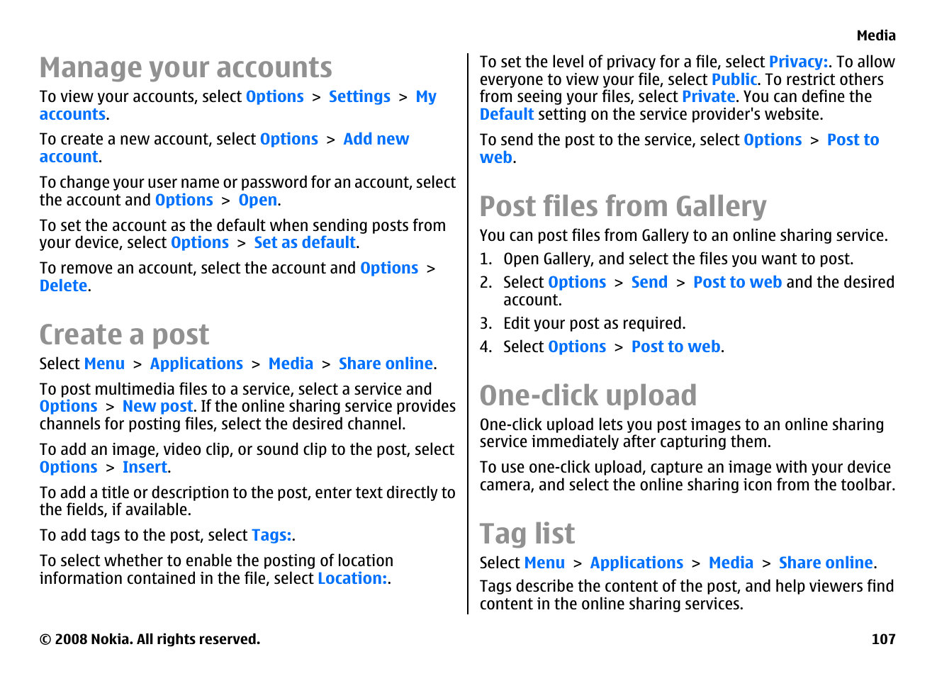 Manage your accounts, Create a post, Post files from gallery | One-click upload, Tag list | Nokia E75 User Manual | Page 107 / 397