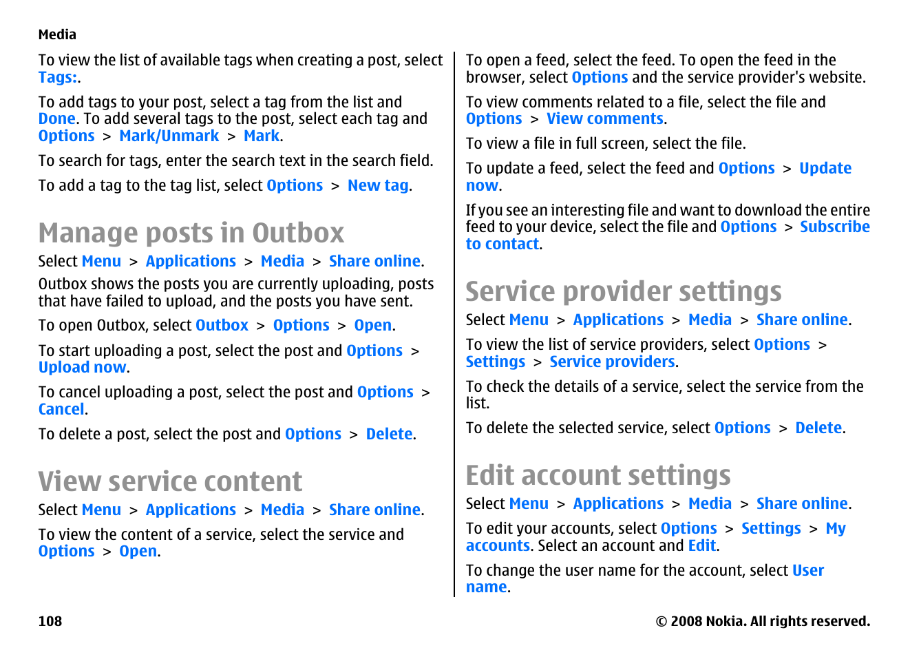 Manage posts in outbox, View service content, Service provider settings | Edit account settings | Nokia E75 User Manual | Page 108 / 397