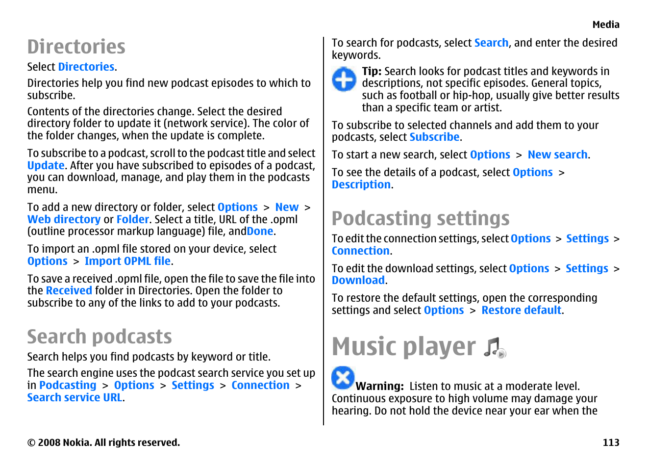 Directories, Search podcasts, Podcasting settings | Music player | Nokia E75 User Manual | Page 113 / 397