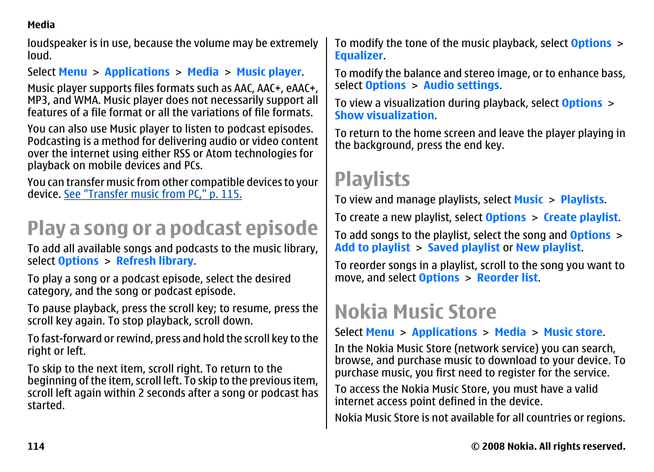 Play a song or a podcast episode, Playlists, Nokia music store | Nokia E75 User Manual | Page 114 / 397