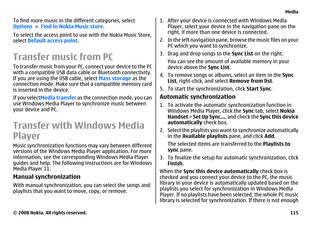 Transfer music from pc, Transfer with windows media player | Nokia E75 User Manual | Page 115 / 397