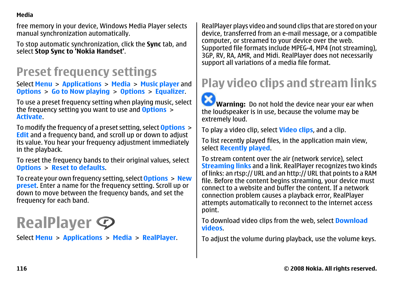 Preset frequency settings, Realplayer, Play video clips and stream links | Nokia E75 User Manual | Page 116 / 397