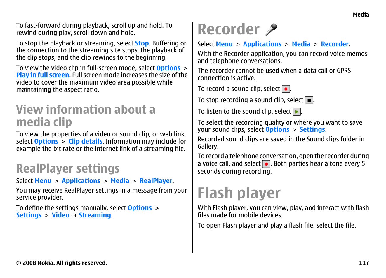 View information about a media clip, Realplayer settings, Recorder | Flash player | Nokia E75 User Manual | Page 117 / 397