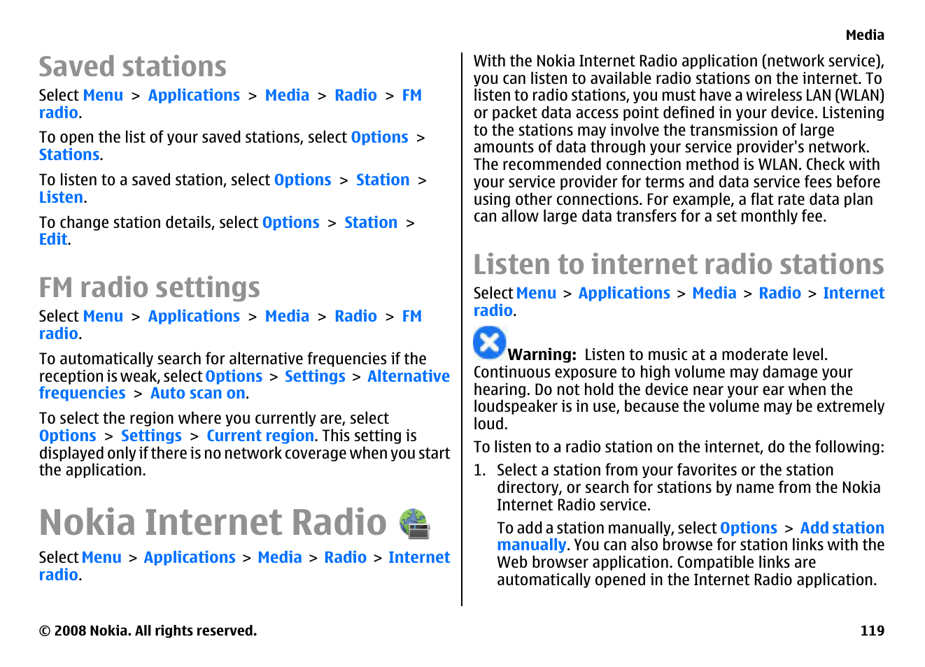 Saved stations, Fm radio settings, Nokia internet radio | Listen to internet radio stations | Nokia E75 User Manual | Page 119 / 397