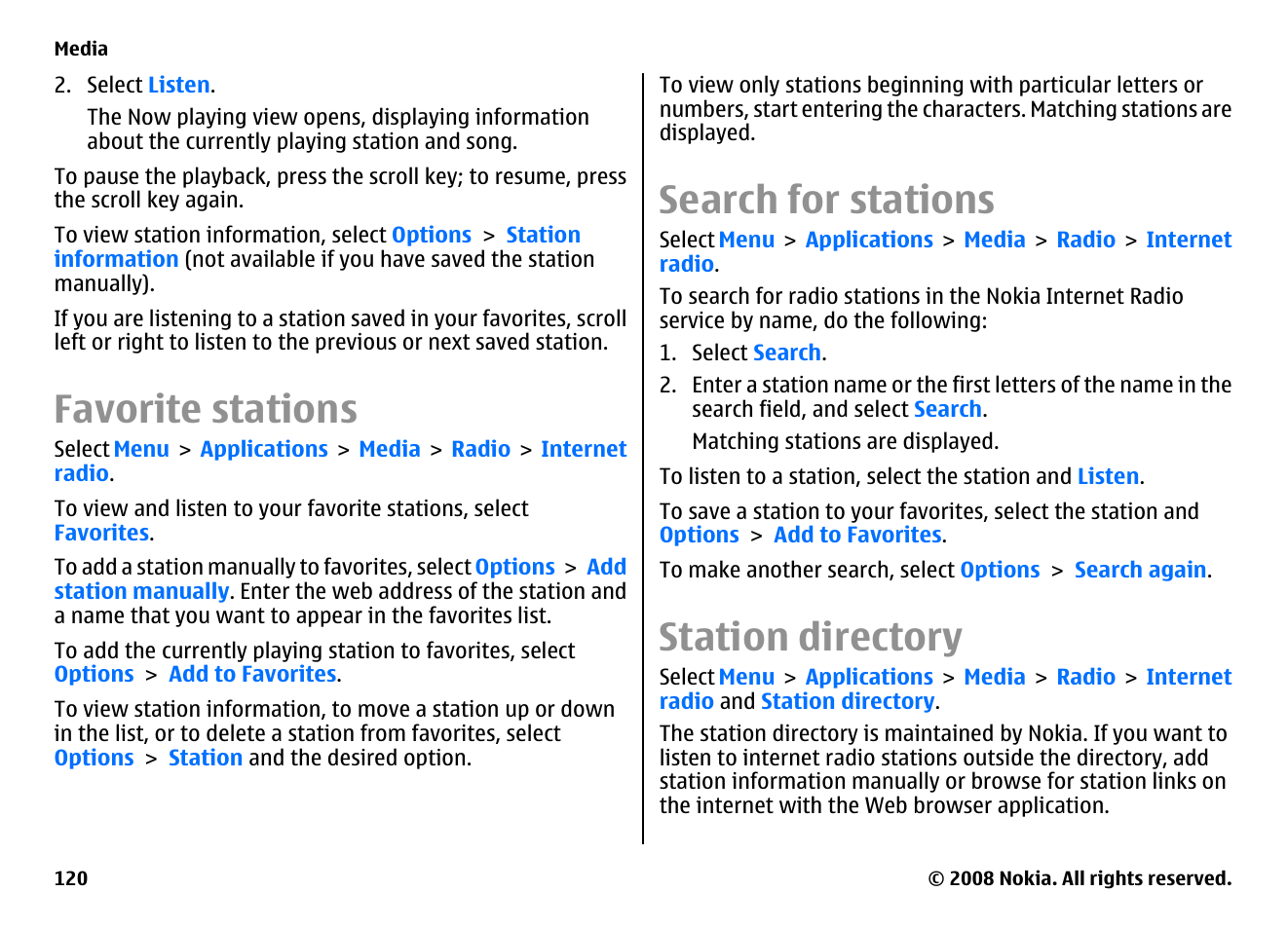 Favorite stations, Search for stations, Station directory | Nokia E75 User Manual | Page 120 / 397