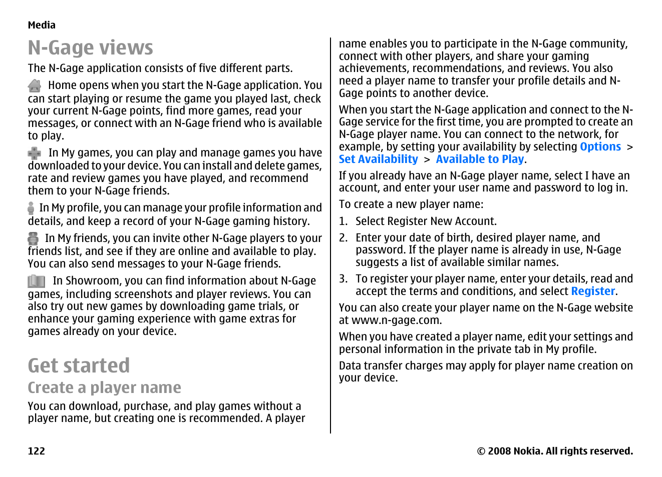 N-gage views, Get started, Create a player name | Nokia E75 User Manual | Page 122 / 397
