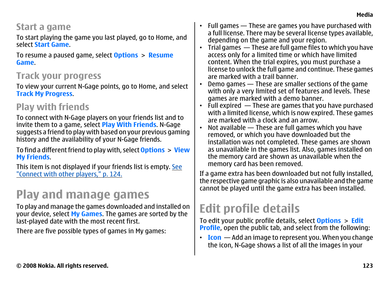 Start a game, Track your progress, Play with friends | Play and manage games, Edit profile details | Nokia E75 User Manual | Page 123 / 397