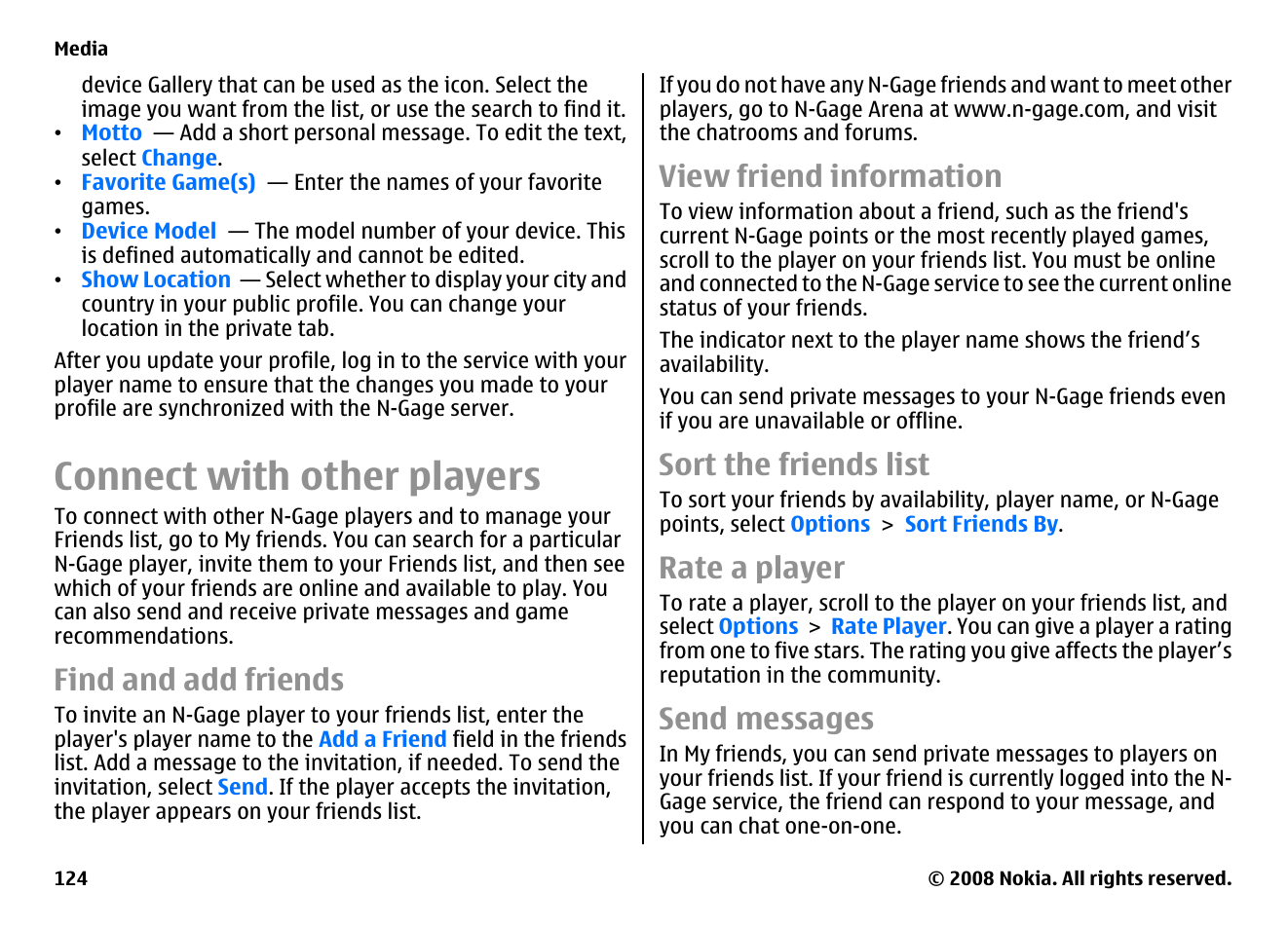 Connect with other players, Find and add friends, View friend information | Sort the friends list, Rate a player, Send messages | Nokia E75 User Manual | Page 124 / 397