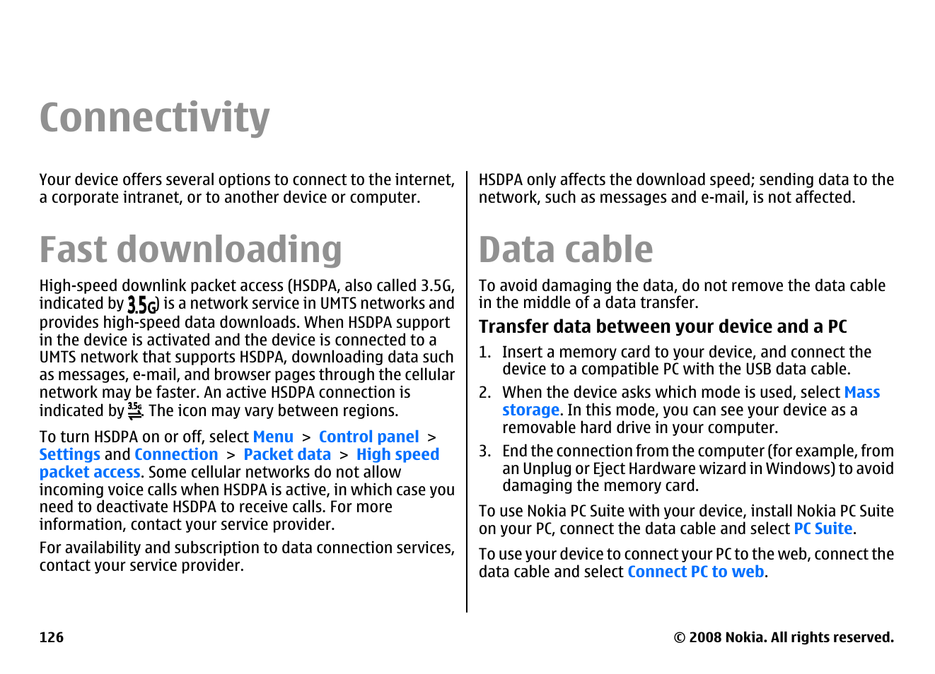 Connectivity, Fast downloading, Data cable | Nokia E75 User Manual | Page 126 / 397