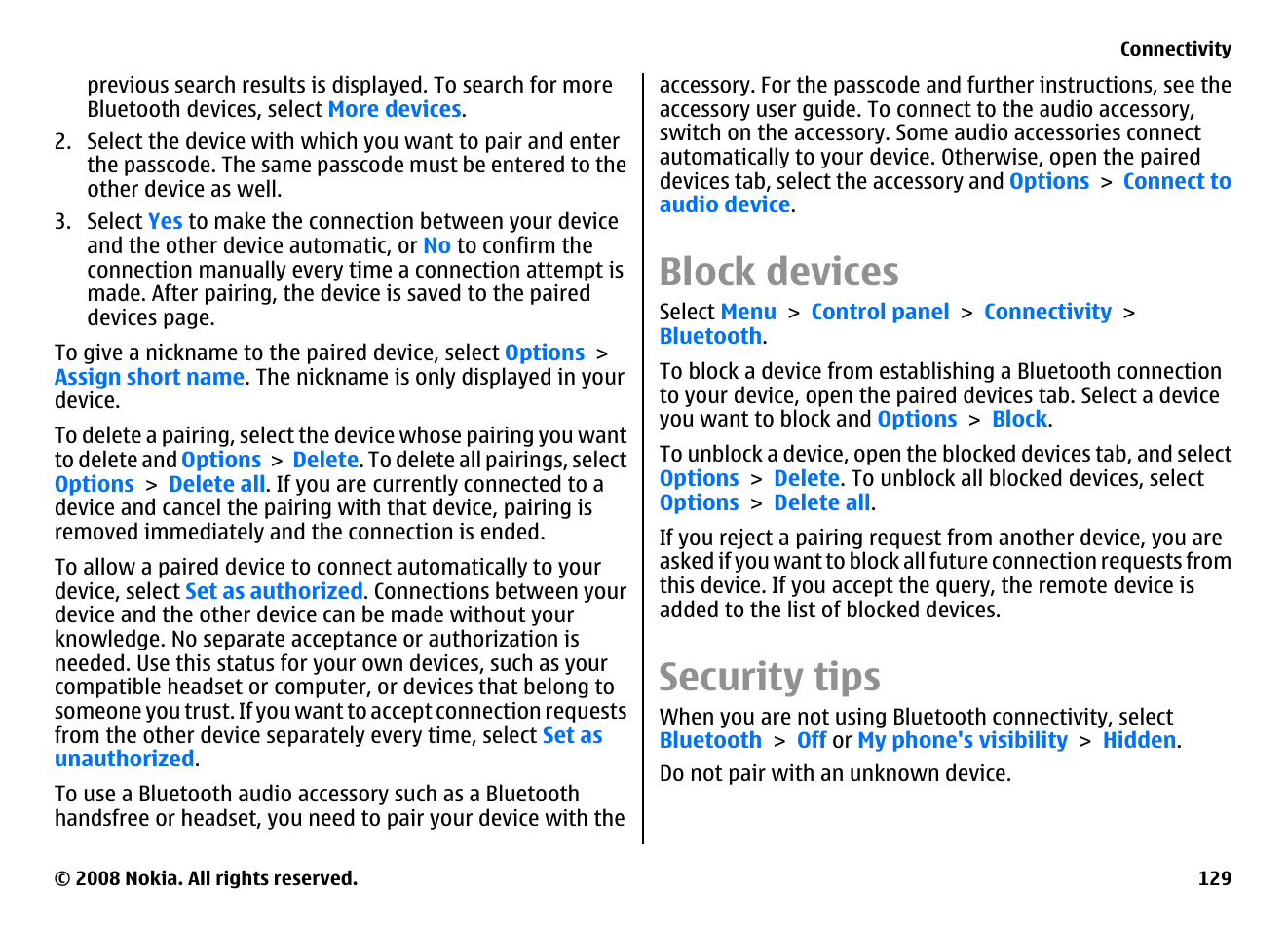 Block devices, Security tips | Nokia E75 User Manual | Page 129 / 397