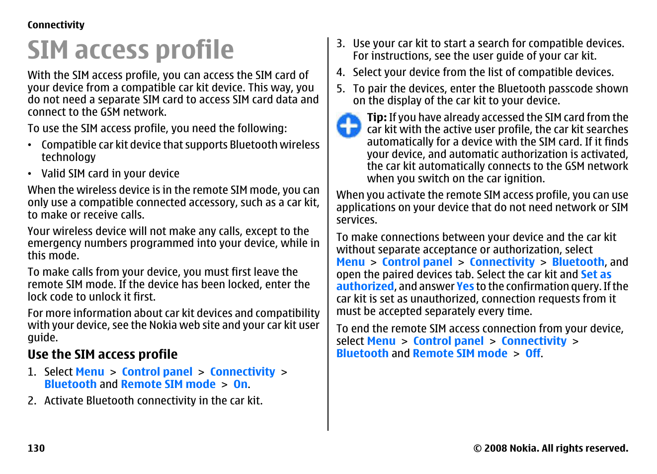 Sim access profile | Nokia E75 User Manual | Page 130 / 397