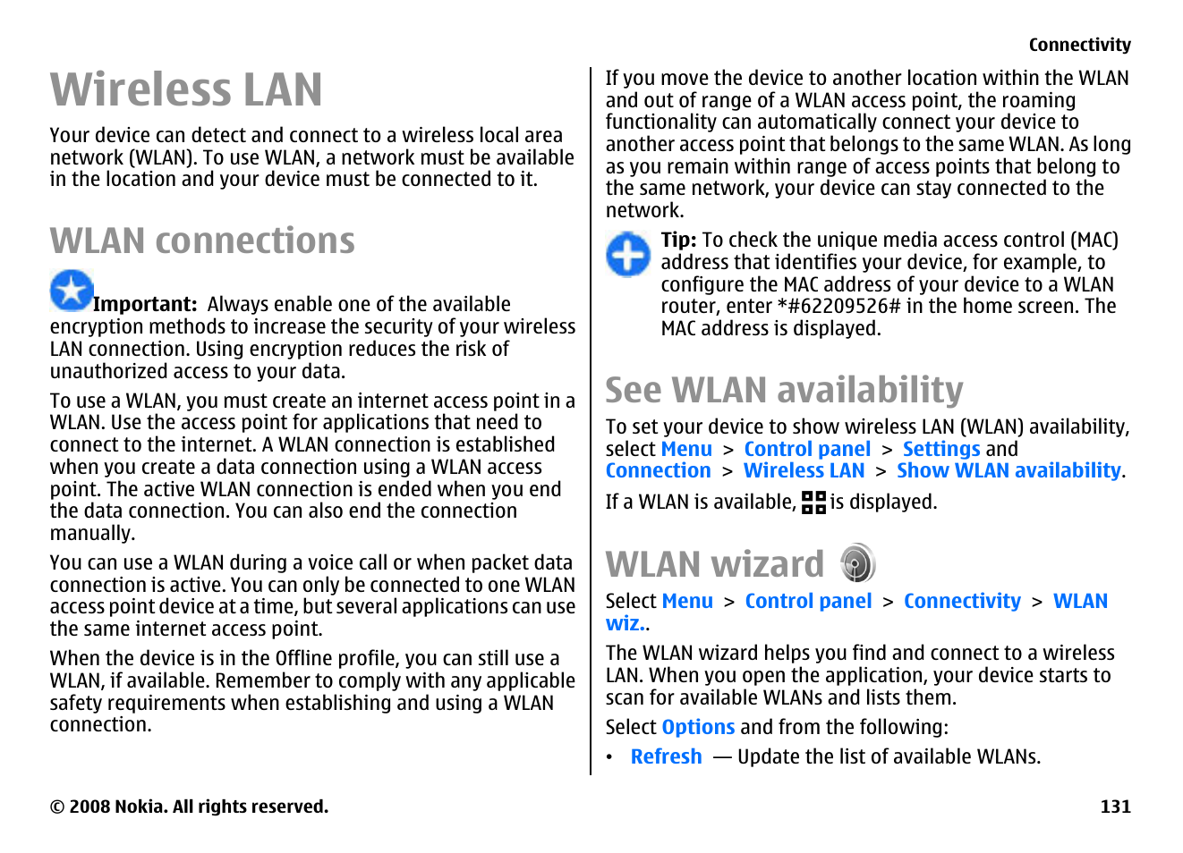 Wireless lan, Wlan connections, See wlan availability | Wlan wizard | Nokia E75 User Manual | Page 131 / 397