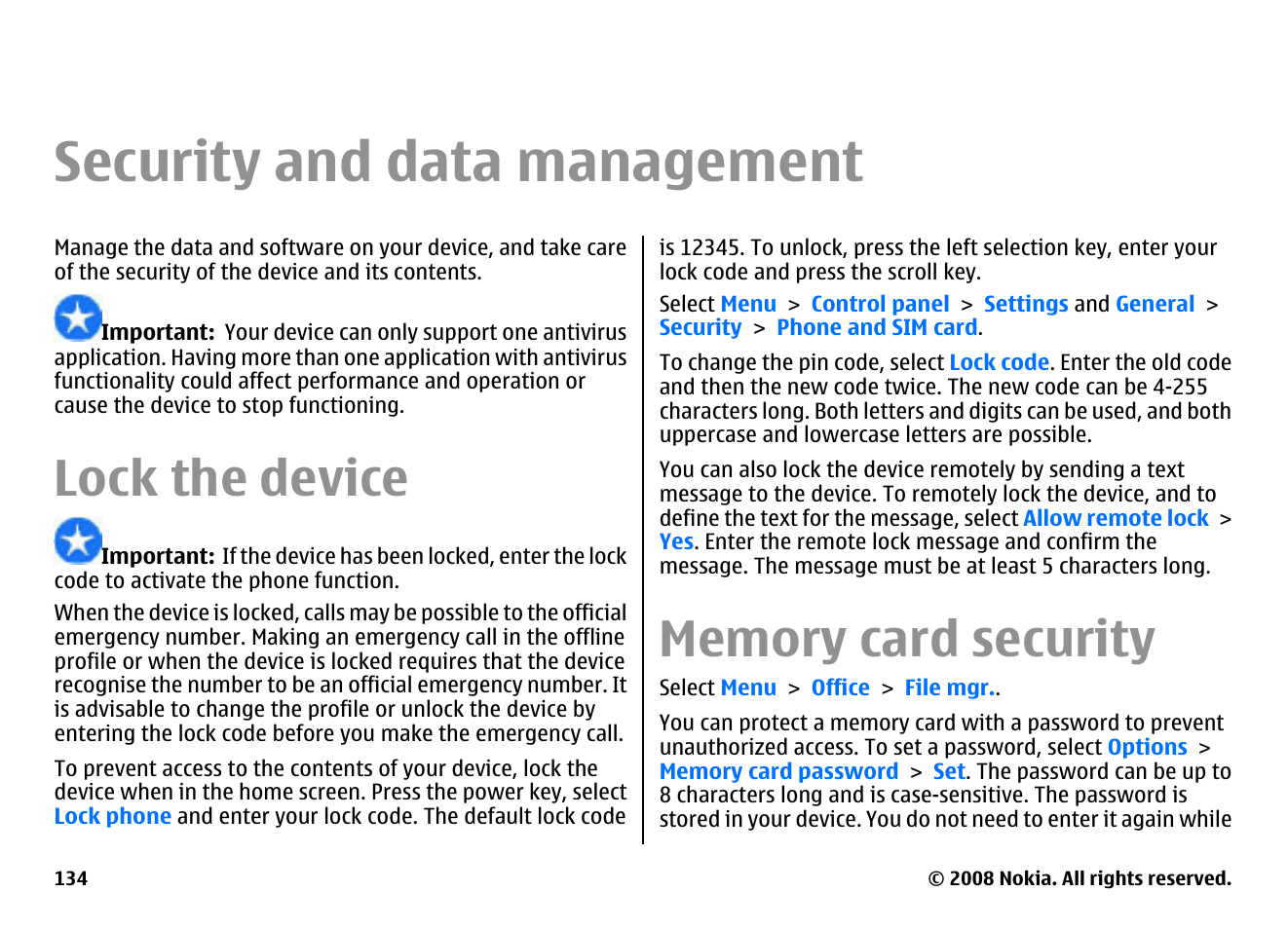 Security and data management, Lock the device, Memory card security | Nokia E75 User Manual | Page 134 / 397