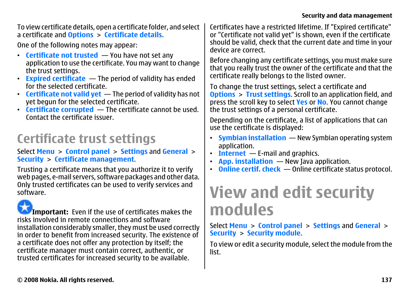 Certificate trust settings, View and edit security modules | Nokia E75 User Manual | Page 137 / 397