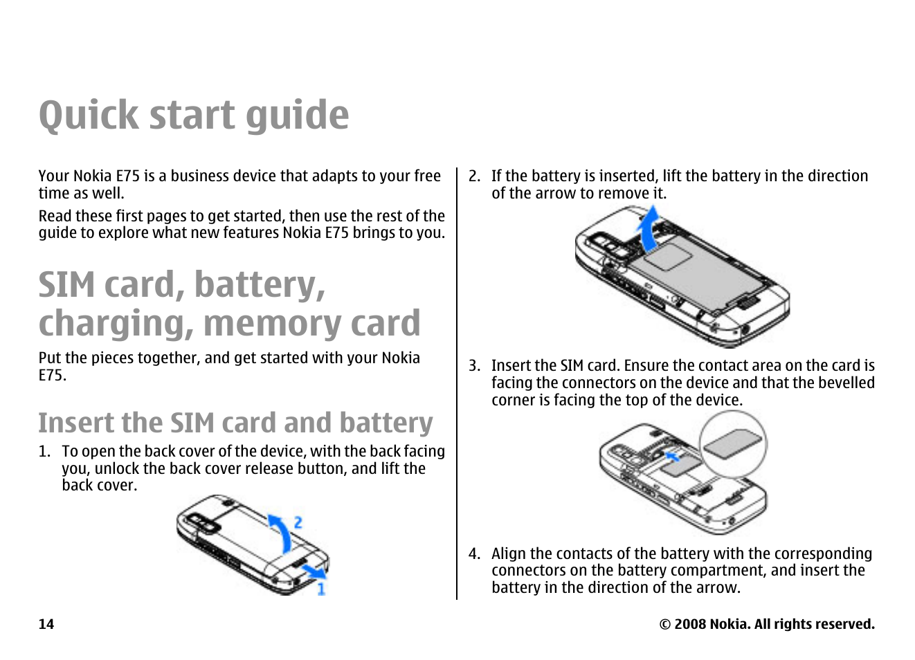 Quick start guide, Sim card, battery, charging, memory card, Insert the sim card and battery | Nokia E75 User Manual | Page 14 / 397