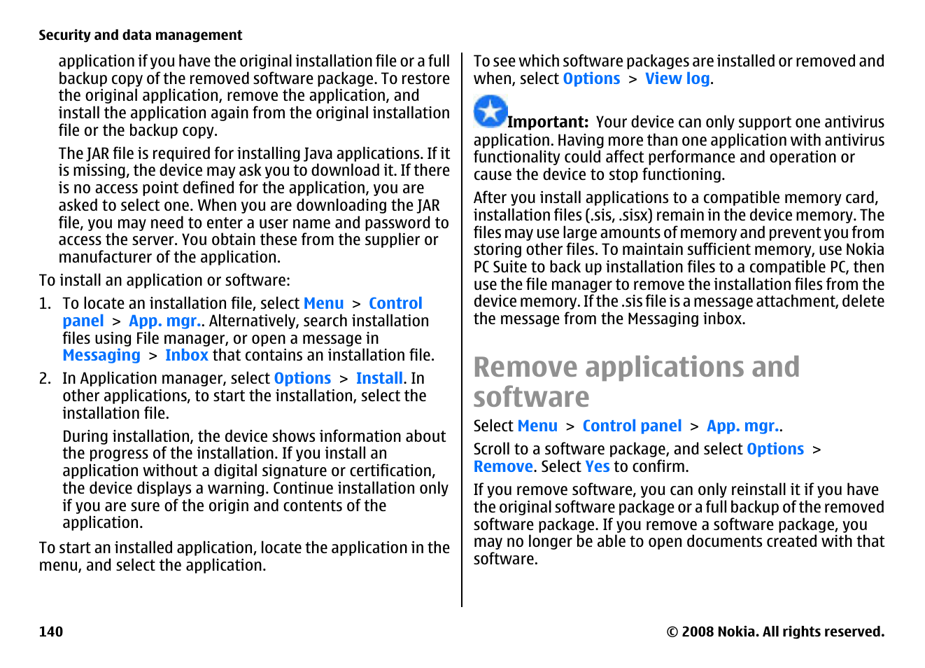 Remove applications and software | Nokia E75 User Manual | Page 140 / 397