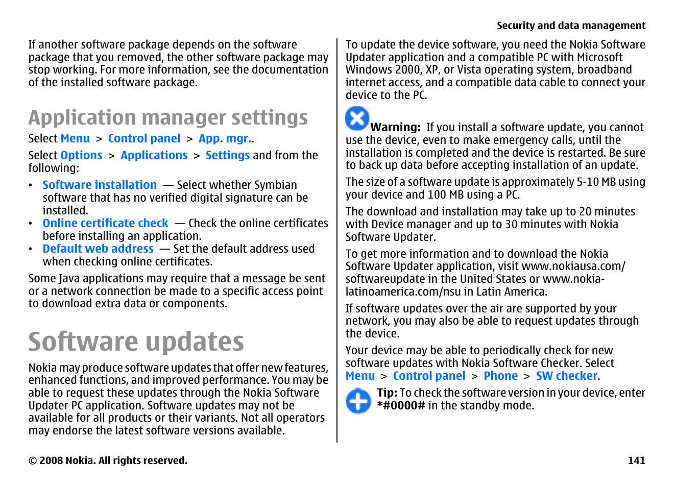 Application manager settings, Software updates | Nokia E75 User Manual | Page 141 / 397