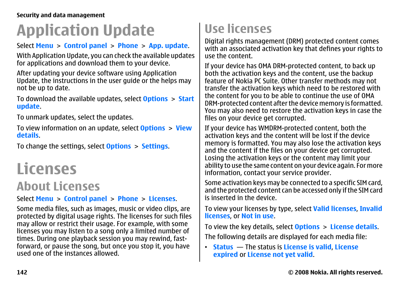 Application update, Licenses, About licenses | Use licenses | Nokia E75 User Manual | Page 142 / 397