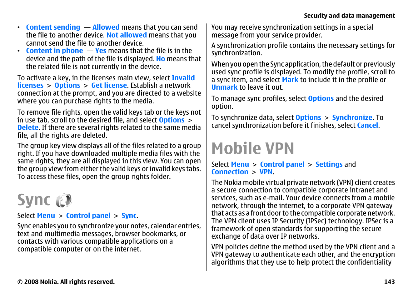 Sync, Mobile vpn | Nokia E75 User Manual | Page 143 / 397