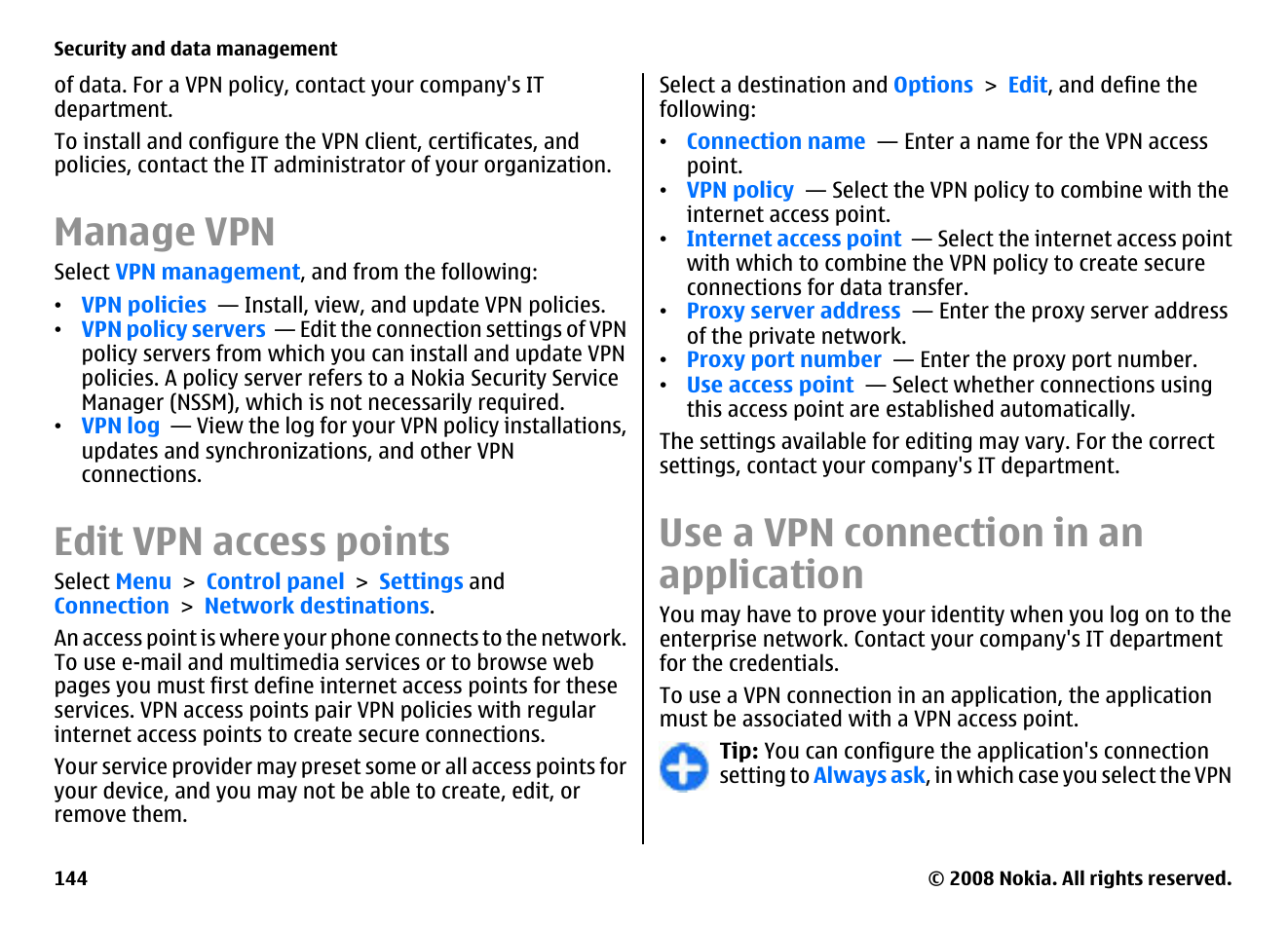 Manage vpn, Edit vpn access points, Use a vpn connection in an application | Nokia E75 User Manual | Page 144 / 397
