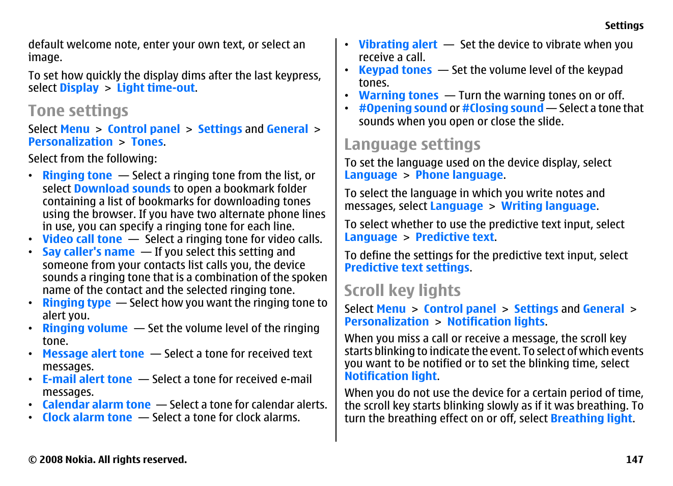 Tone settings, Language settings, Scroll key lights | Nokia E75 User Manual | Page 147 / 397