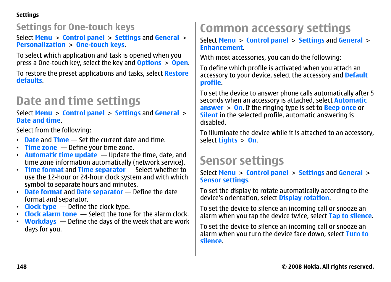 Settings for one-touch keys, Date and time settings, Common accessory settings | Sensor settings | Nokia E75 User Manual | Page 148 / 397