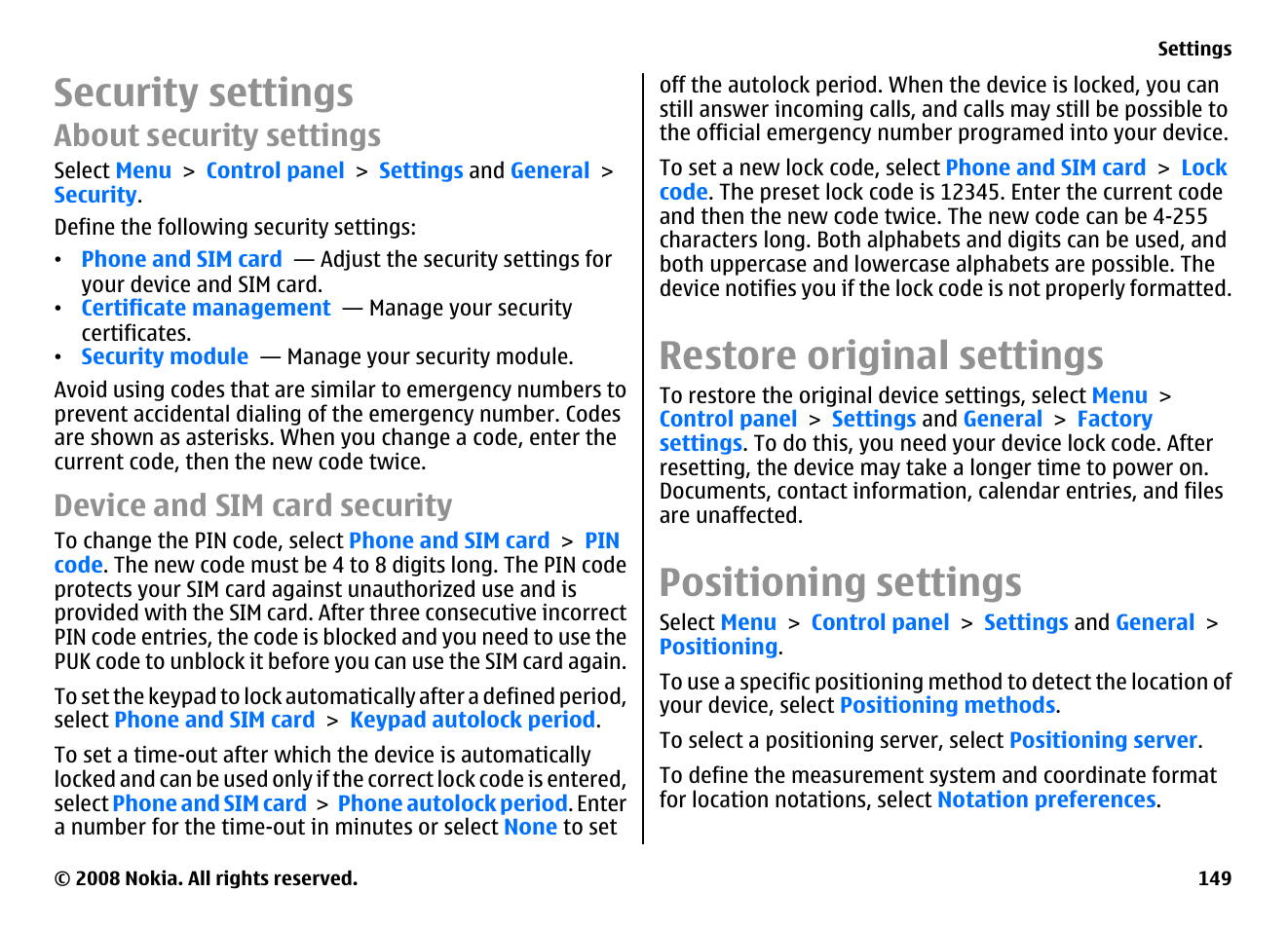 Security settings, About security settings, Device and sim card security | Restore original settings, Positioning settings | Nokia E75 User Manual | Page 149 / 397