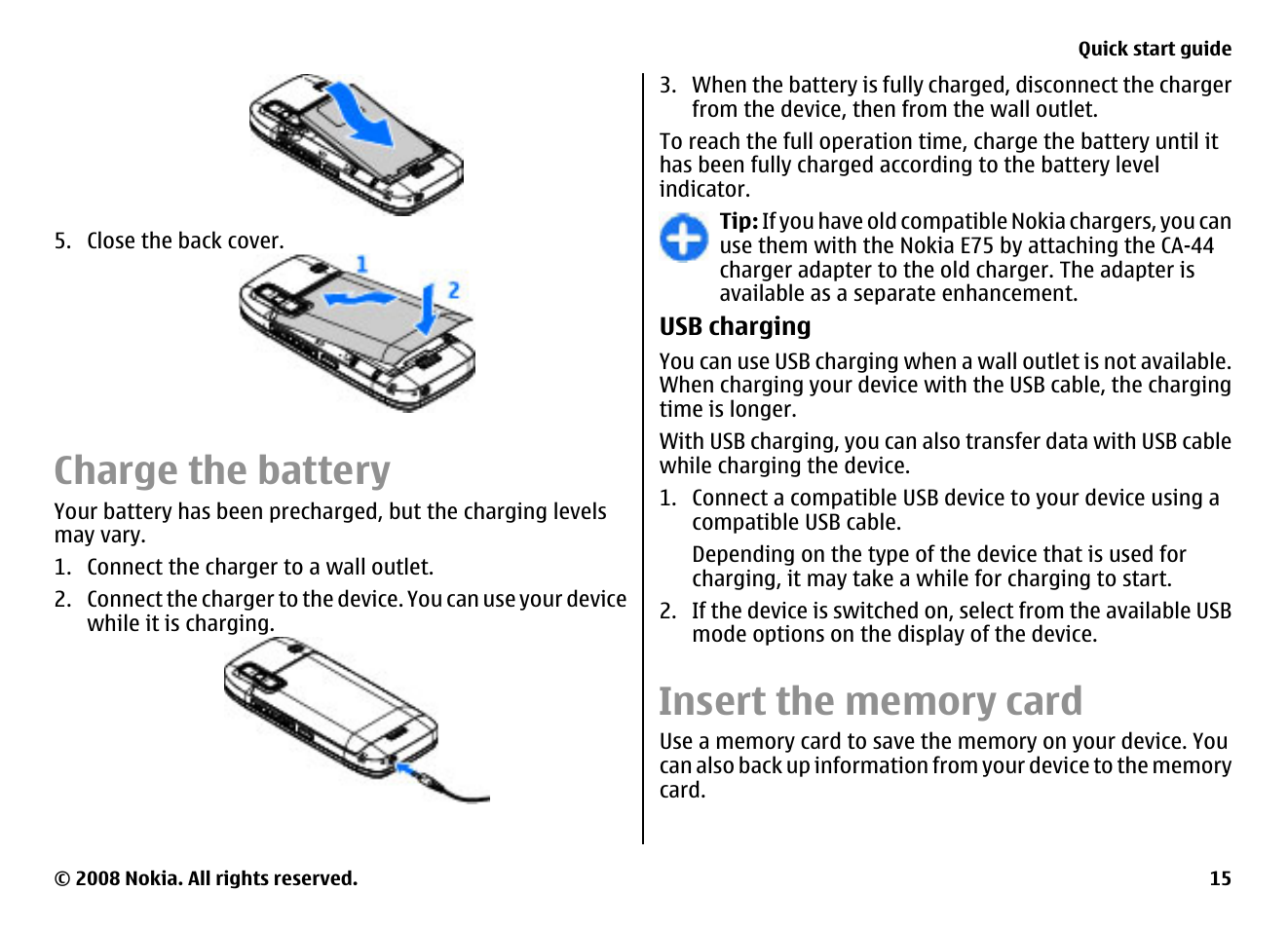 Charge the battery, Insert the memory card | Nokia E75 User Manual | Page 15 / 397