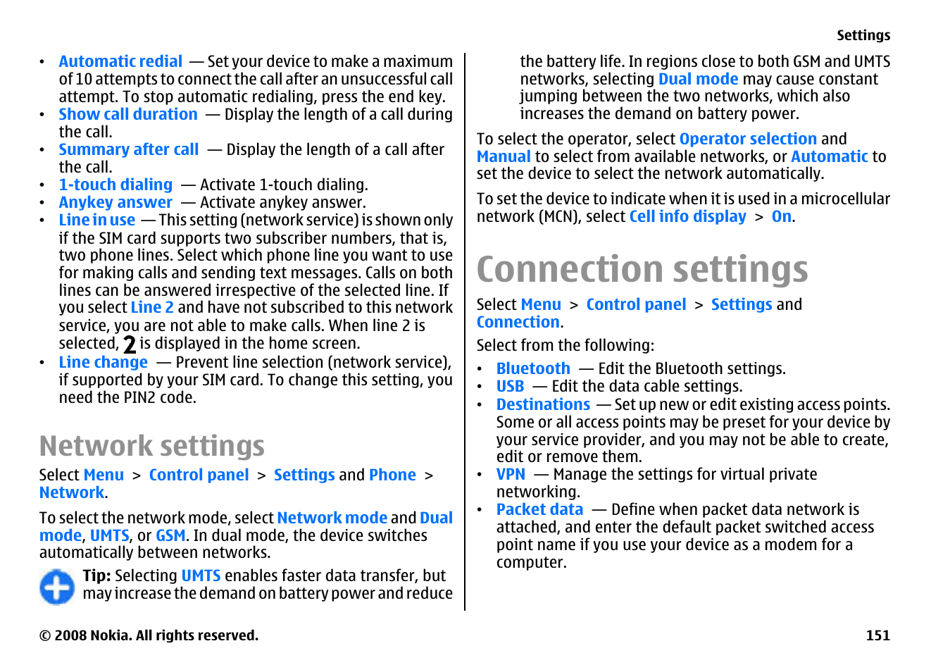 Network settings, Connection settings | Nokia E75 User Manual | Page 151 / 397