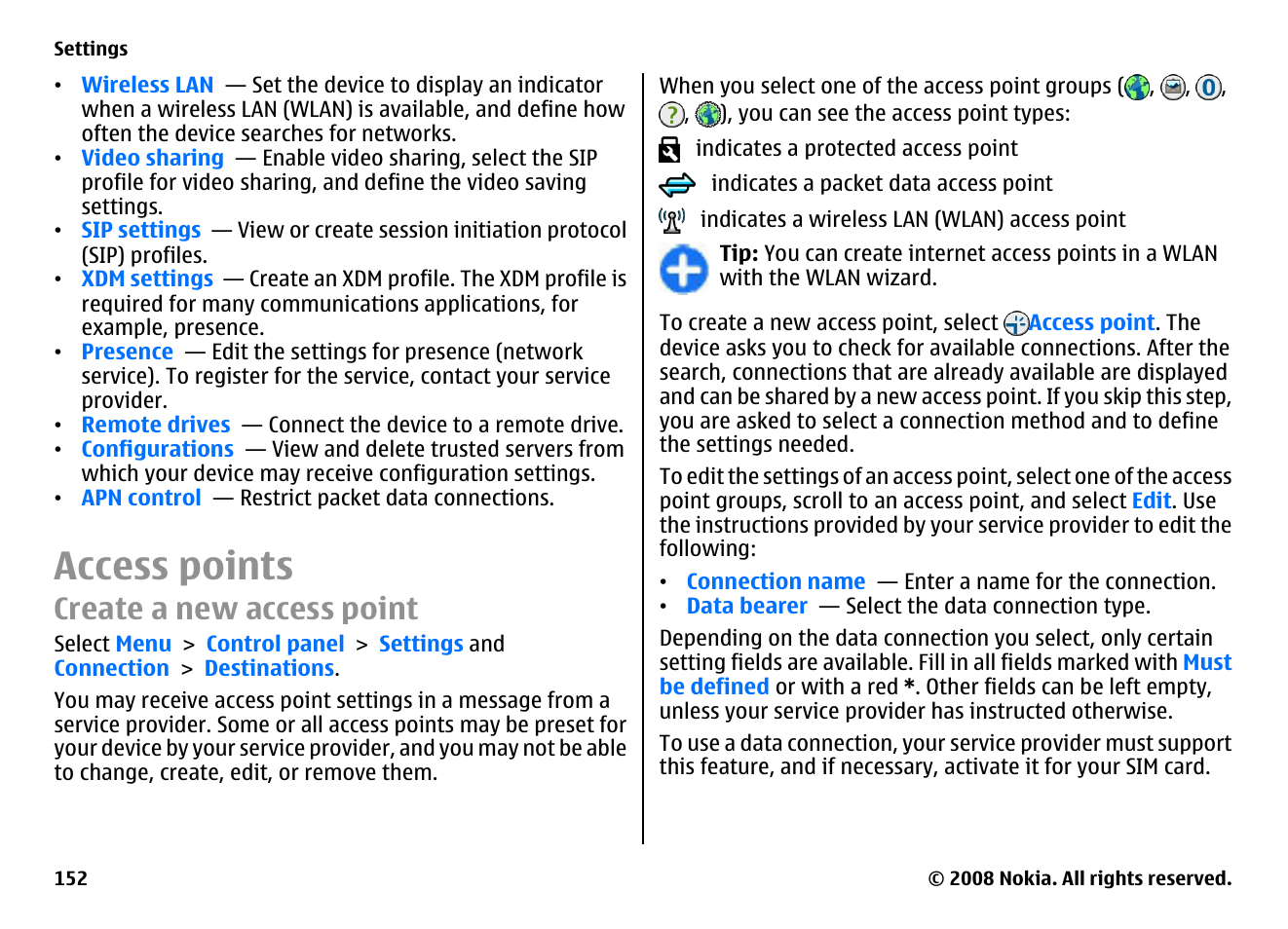 Access points, Create a new access point | Nokia E75 User Manual | Page 152 / 397