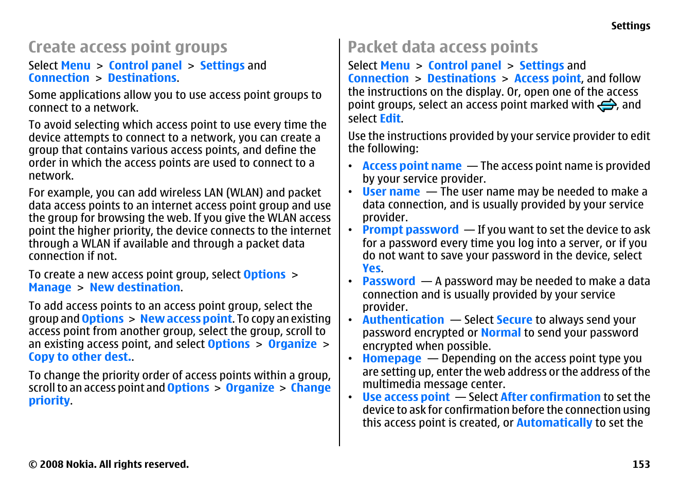 Create access point groups, Packet data access points | Nokia E75 User Manual | Page 153 / 397