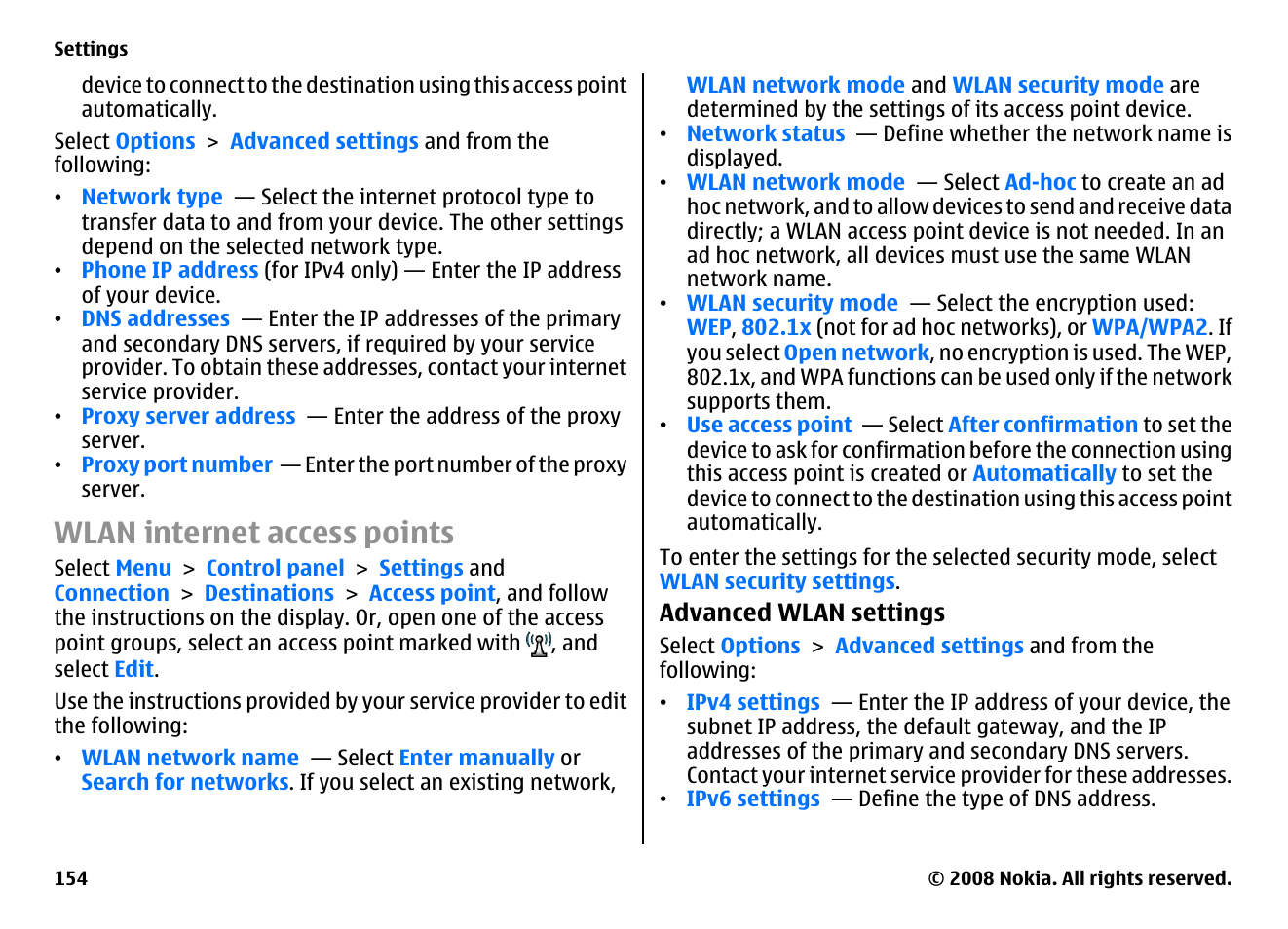 Wlan internet access points | Nokia E75 User Manual | Page 154 / 397