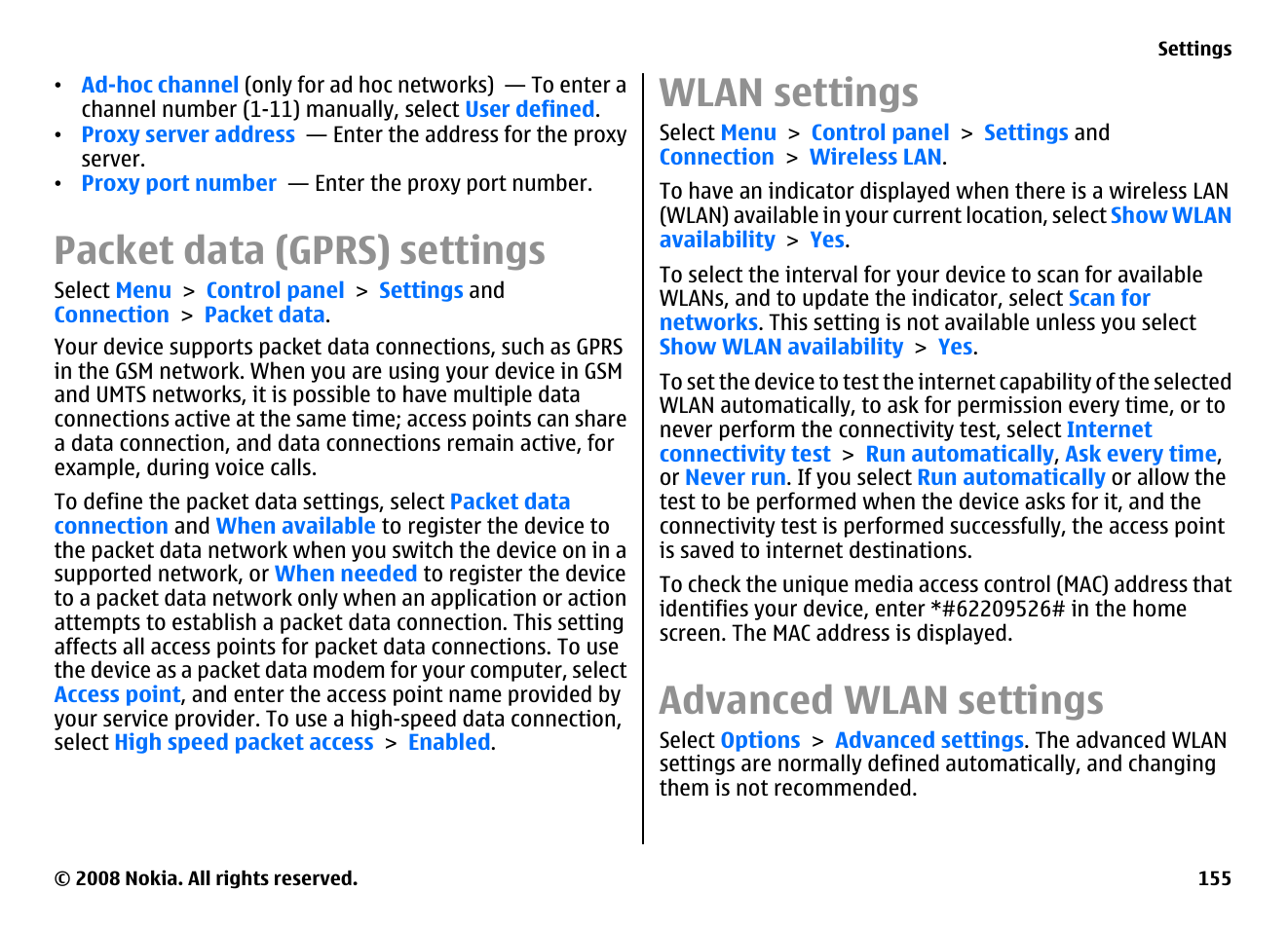 Packet data (gprs) settings, Wlan settings, Advanced wlan settings | Nokia E75 User Manual | Page 155 / 397