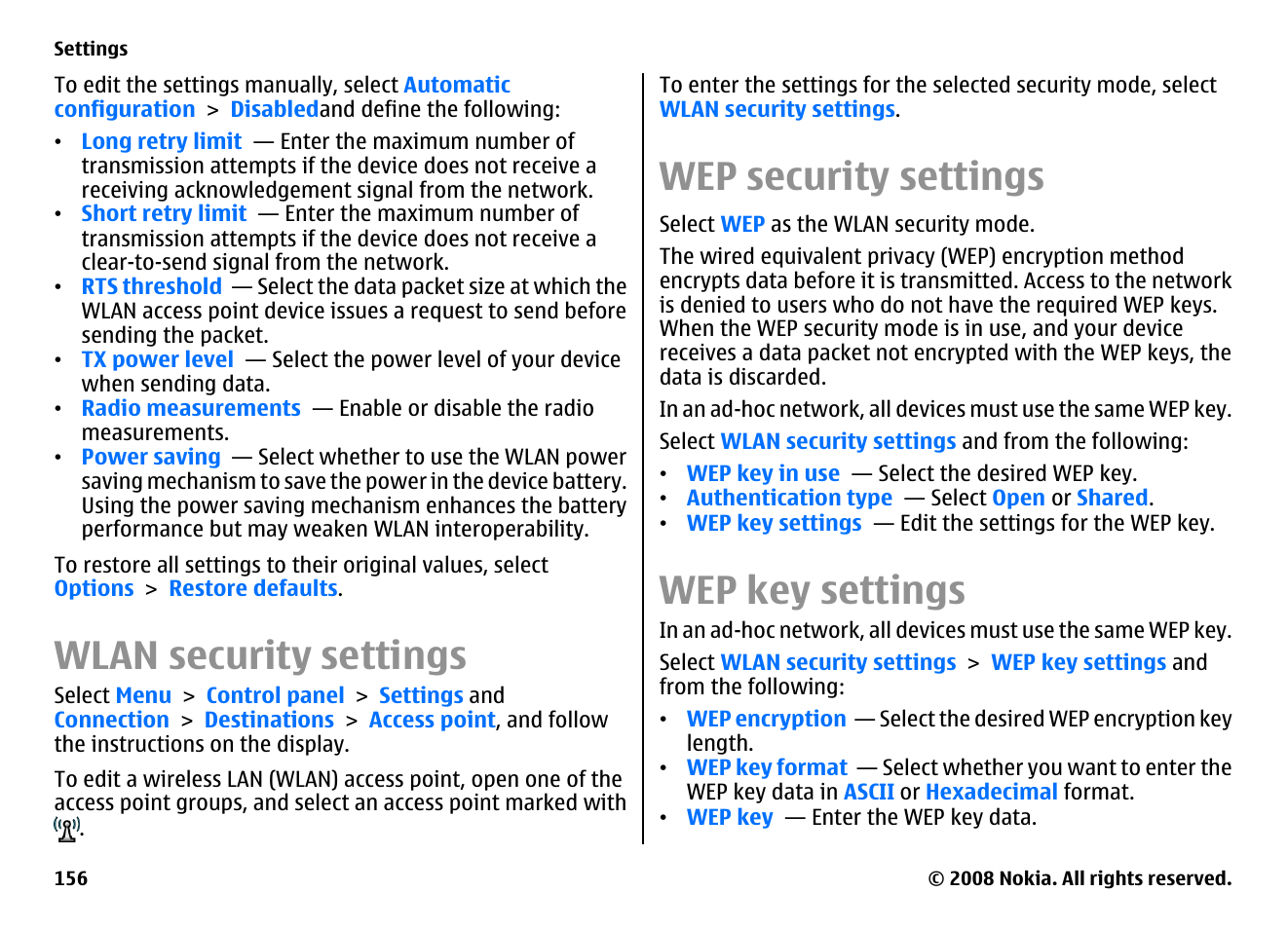 Wlan security settings, Wep security settings, Wep key settings | Nokia E75 User Manual | Page 156 / 397