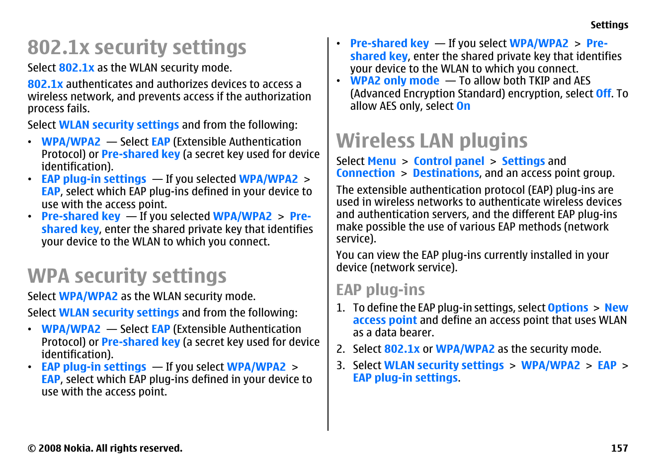 1x security settings, Wpa security settings, Wireless lan plugins | Eap plug-ins | Nokia E75 User Manual | Page 157 / 397
