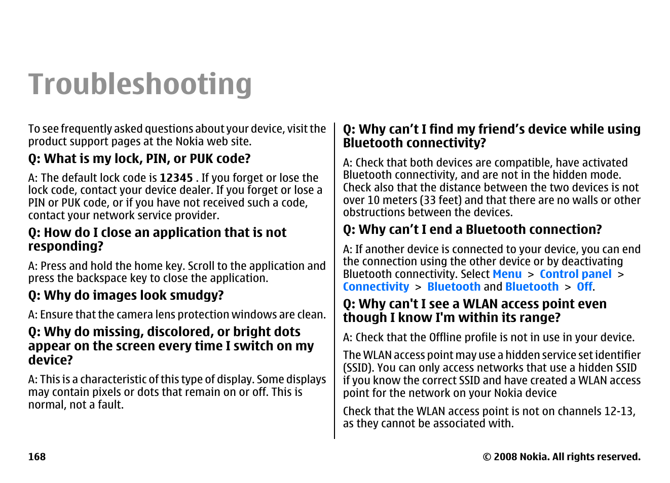 Troubleshooting | Nokia E75 User Manual | Page 168 / 397