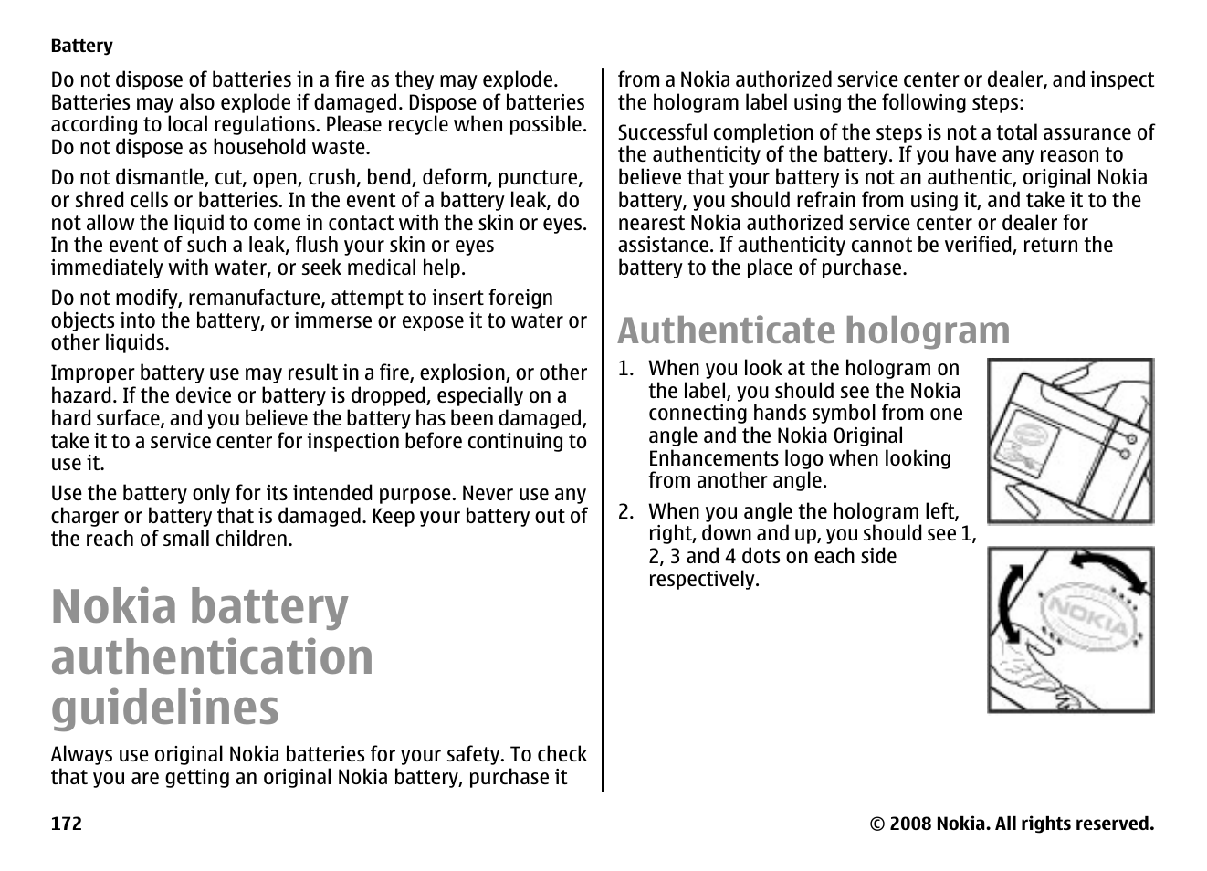 Nokia battery authentication guidelines, Authenticate hologram | Nokia E75 User Manual | Page 172 / 397